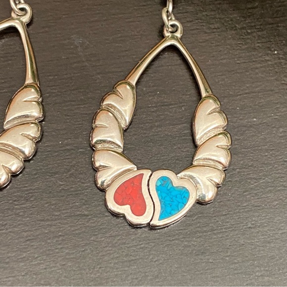 Vintage Signed Yin Yang Hearts Turquoise & Coral Inlay Silver Drop Earrings - Picture 8 of 11